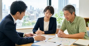 大阪府の通所介護M&Aで商圏や承継資料を確認する専門家と事業者のイメージ