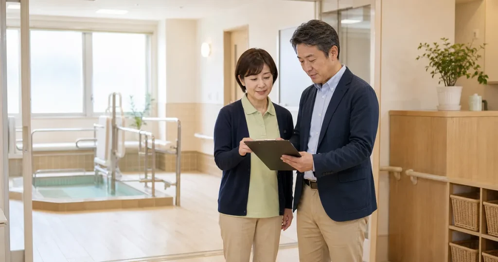 入浴特化型デイサービスのM&Aで浴室設備と承継計画を確認する担当者