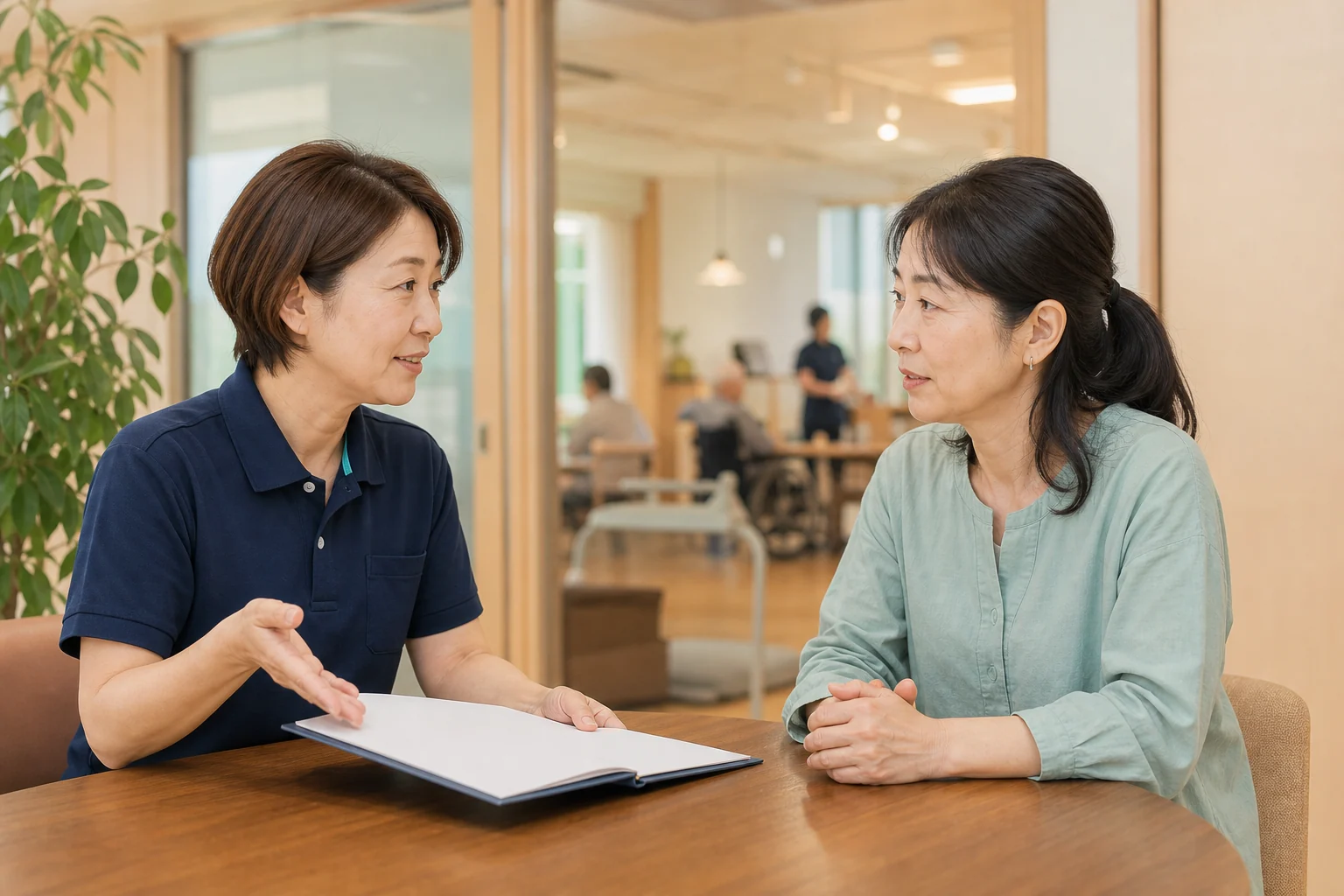デイサービス職員が利用者様のご家族とケアについて相談する様子