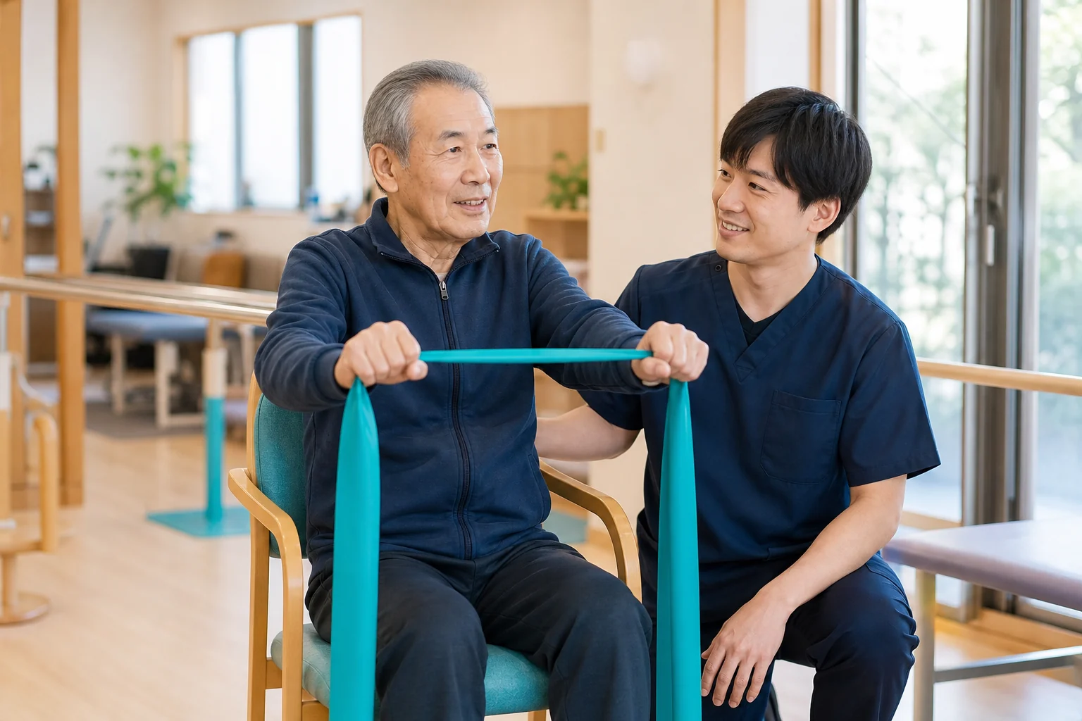 デイサービスで高齢の利用者様が職員とゴムバンドを使った機能訓練を行う様子