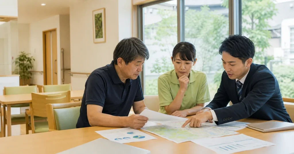 埼玉県のデイサービスM&Aで送迎圏と承継資料を確認する運営者・ケアマネジャー・専門家