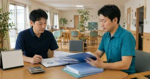 デイサービスの事務スペースで資金繰り資料とカレンダーを確認する二人の運営担当者