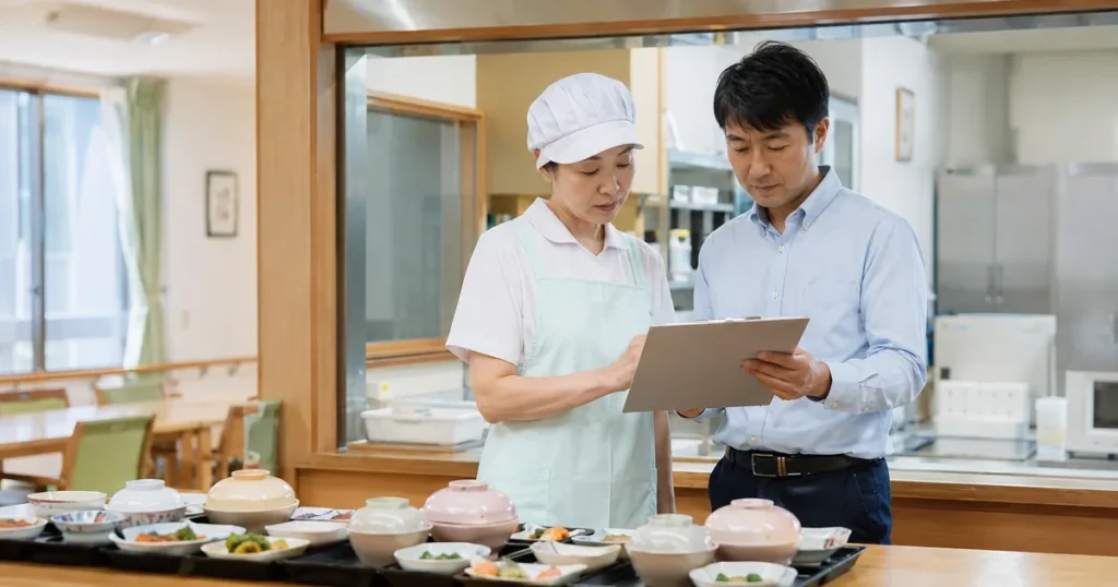 デイサービスの厨房前で配膳された食事と引継ぎ資料を確認する厨房職員と運営担当者