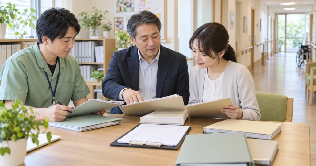 デイサービスの事務室で事故対応の引継ぎ資料を確認する管理者と職員