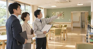 デイサービスの室内で図面を見ながら建物と設備の承継状況を確認する担当者