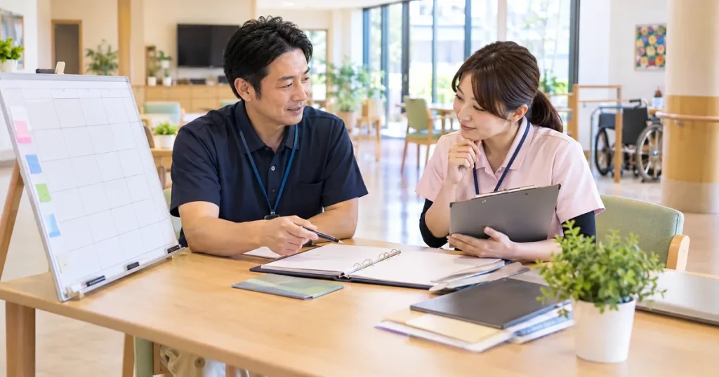 デイサービスの会議室で連携計画を確認する介護サービスの専門職