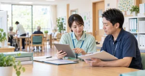 デイサービスの事務所でタブレットと記録を確認する介護サービスの専門職