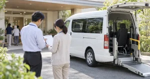 デイサービスの送迎車両と引継ぎチェックリストを確認する介護サービスの専門職